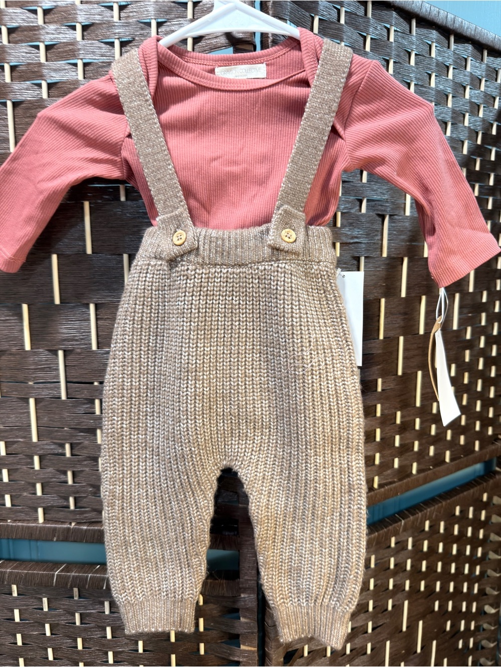 Ribbed Rust Colored Long-Sleeve Top with Tan Knit Suspender Overalls - Baby Boy